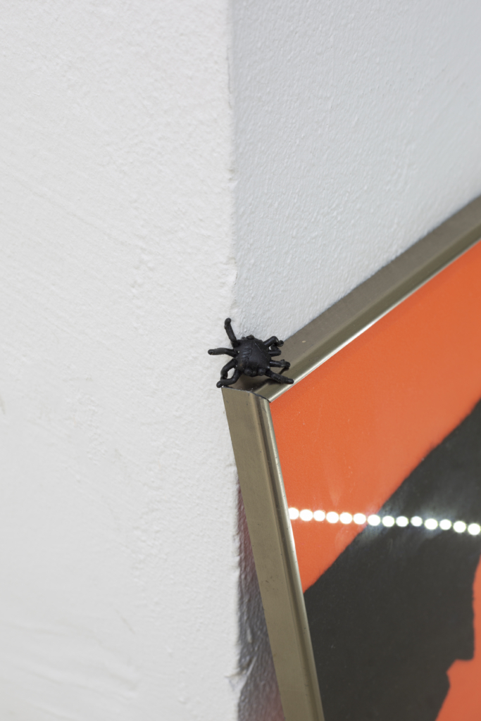 Eine kleine Gummi-Spinne auf der Ecke eines goldenen Rahmens.