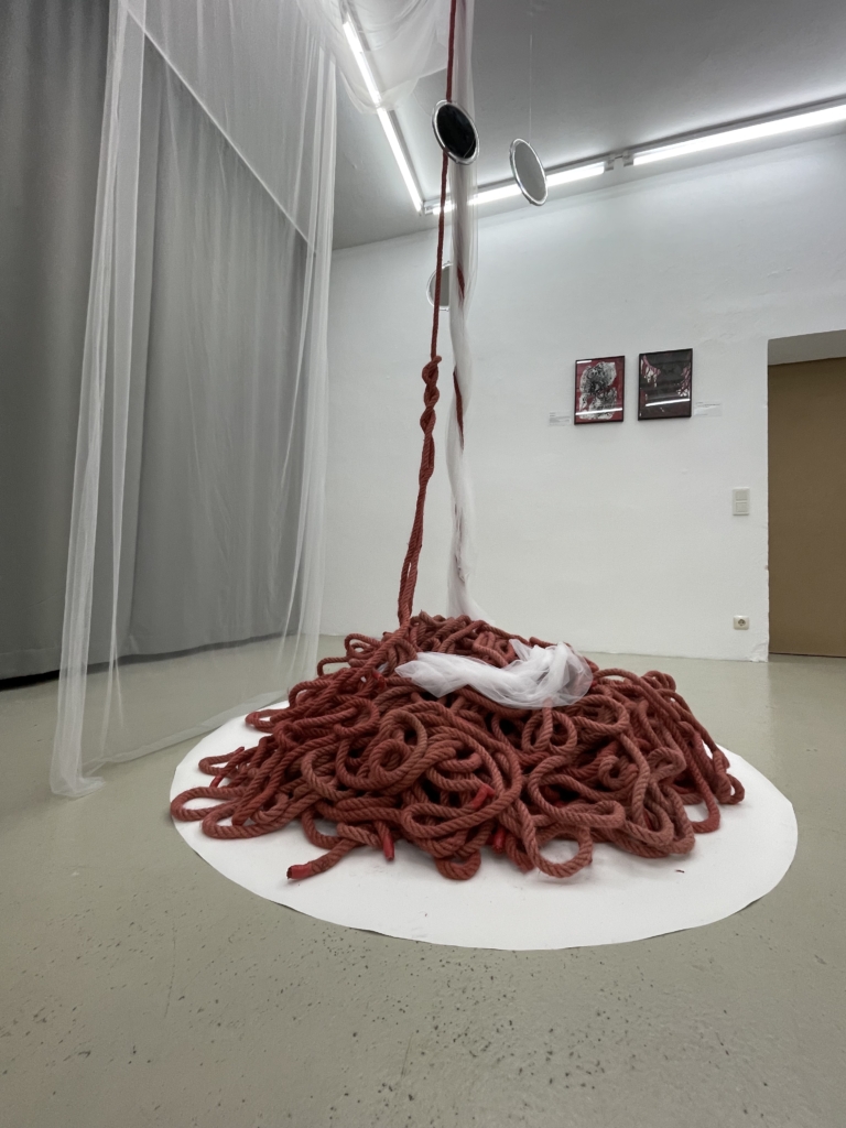 Ein riesiger wie Spaghetti anmutender Haufen Seil auf einem weißen Stück Papiewr auf dem Boden. Einige Seile führen nach oben zur Decke. Im Hintergrund zwei kleine gerahmte Gemälde. Links ein opaquer weißer Vorhang.