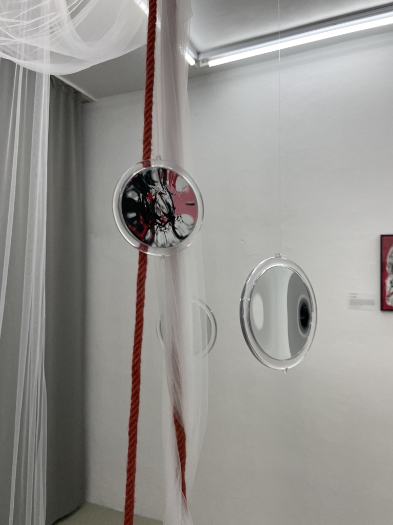 Ausstellungsansicht mehrerer im raum hängender Spiegel, einer bemalt mit rosa und schwarzen expressionistischen Pinselstrichen. Dahinter ein rotes Seil und opaquer weißer Vorhang.