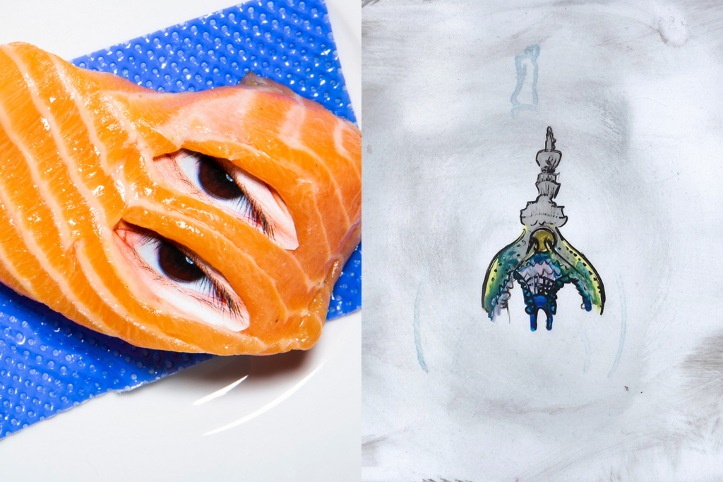 Grafik: Links ein Foto eines Lachses auf blauem Plastik. Im lachs sind Fotos zweier Menschenaugen eingebettet. Rechts die Malerei eines abstrakten Wesens, das einem Springbrunnen mit Flügeln ähnelt.