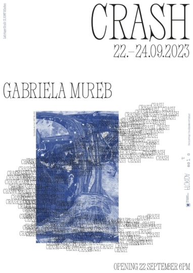 Poster mit Schriftzug, der alle wichtigen Infos zur Ausstellung wie den Titel Crash, den Namen der Künstler*in Gabriela Mureb. Das Layout ist DINA3 mit weißen Hintergrund, einem rechteckigen Foto in der unten linken Hälfte auf der die Innenteile eines Autos zu sehen sind.